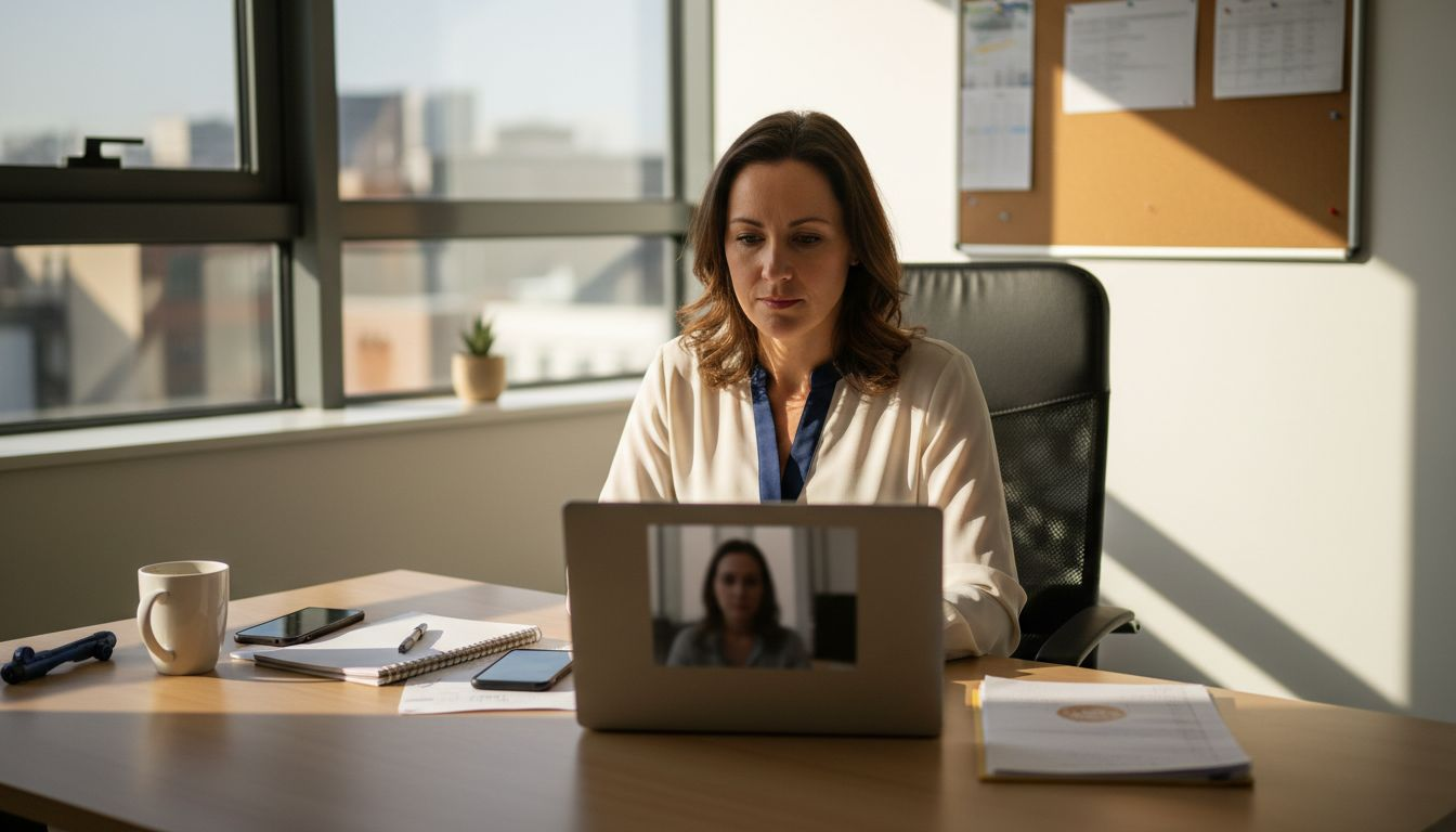 Professional practicing interview online at home desk