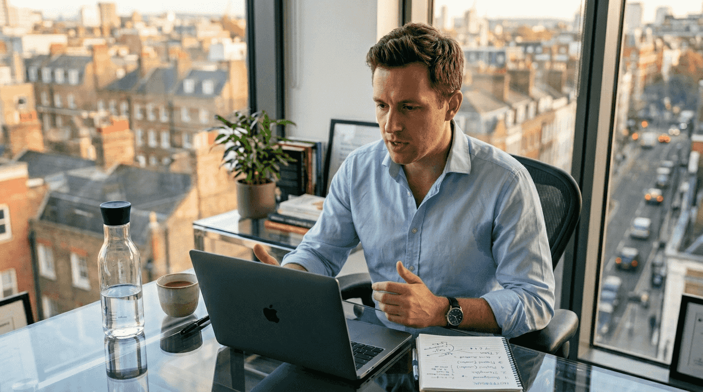 Man practicing on-camera interview in office