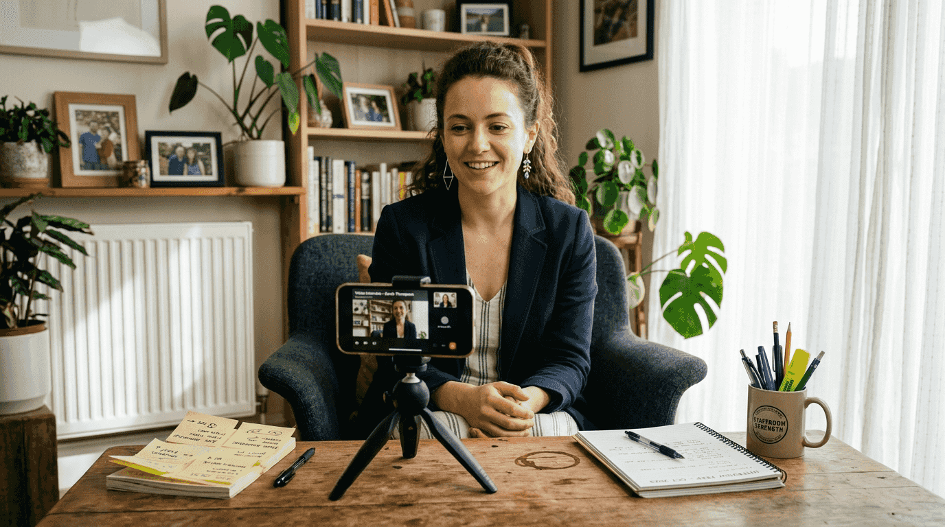 Woman simulating video interview at home