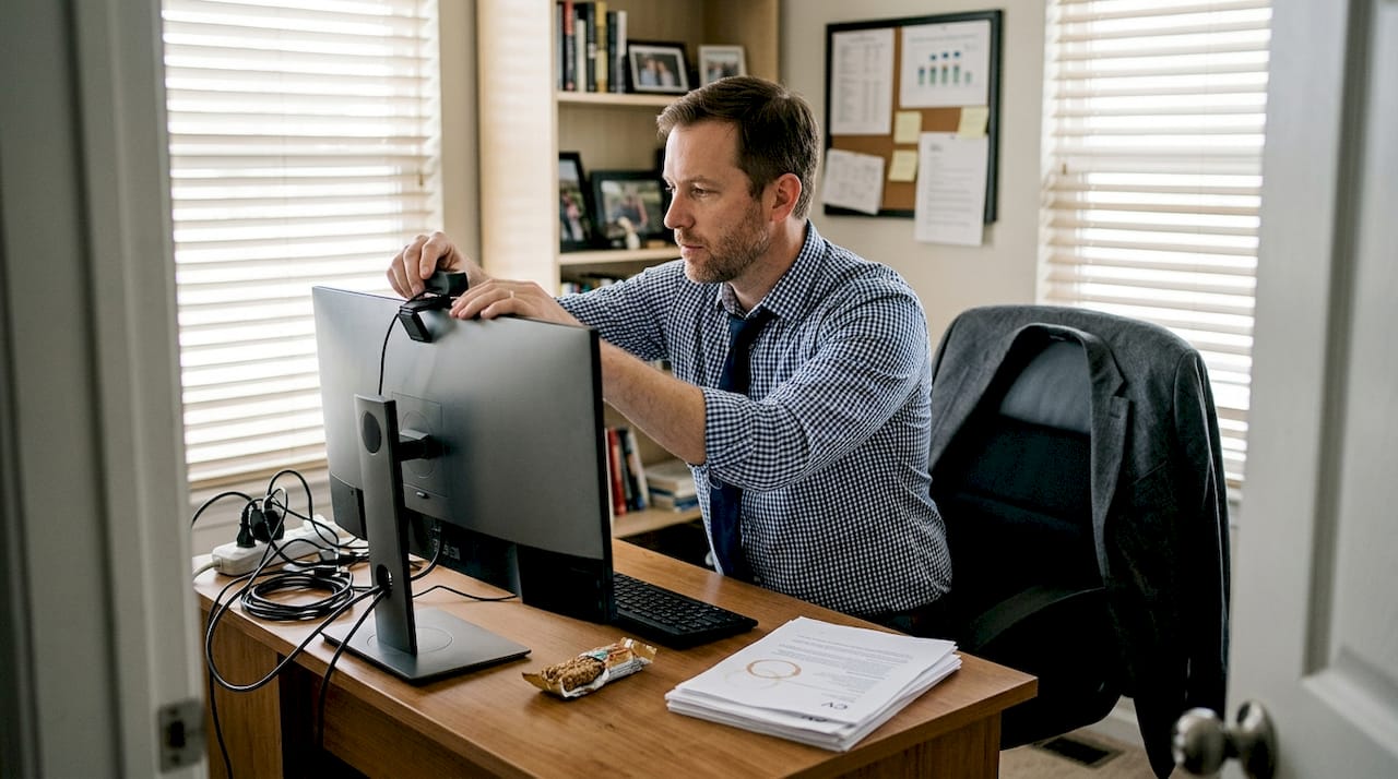 Man setting up realistic video interview workspace