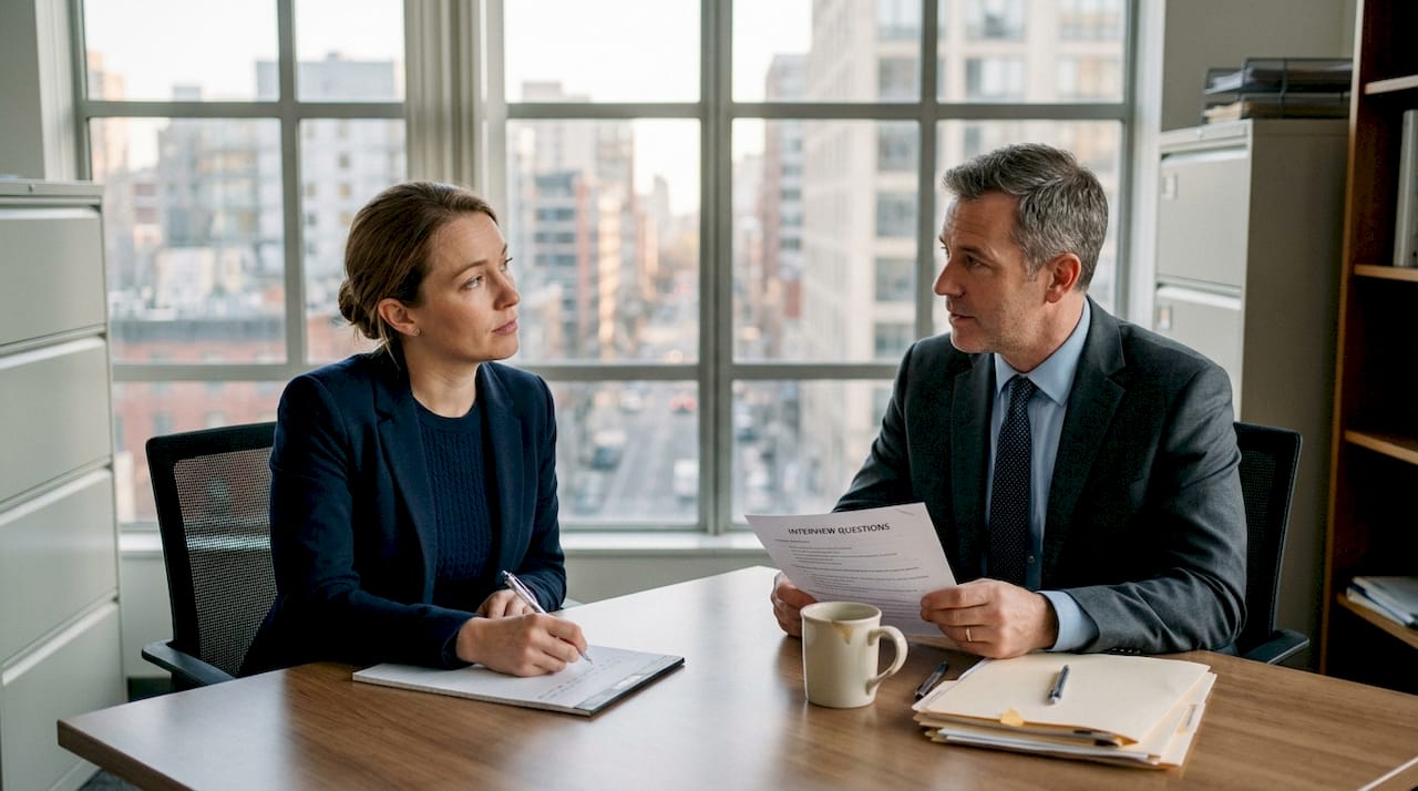 Mock job interview in corporate office setting