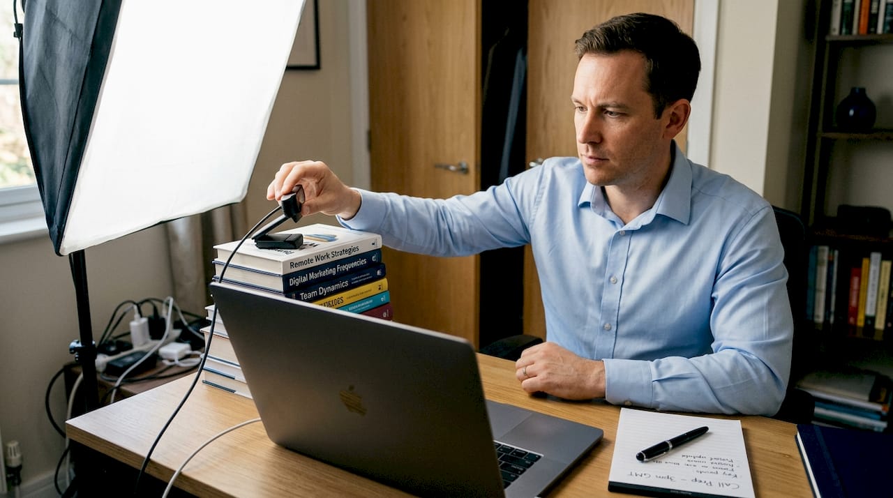 Mid-career professional adjusts video interview setup