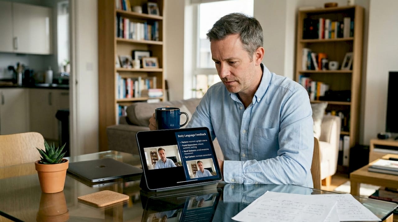 Man reviewing online interview feedback at home