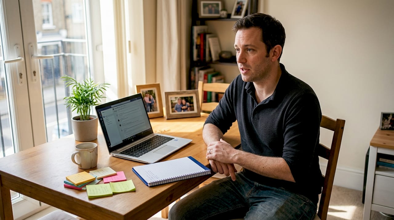 Man practicing interview in apartment workspace