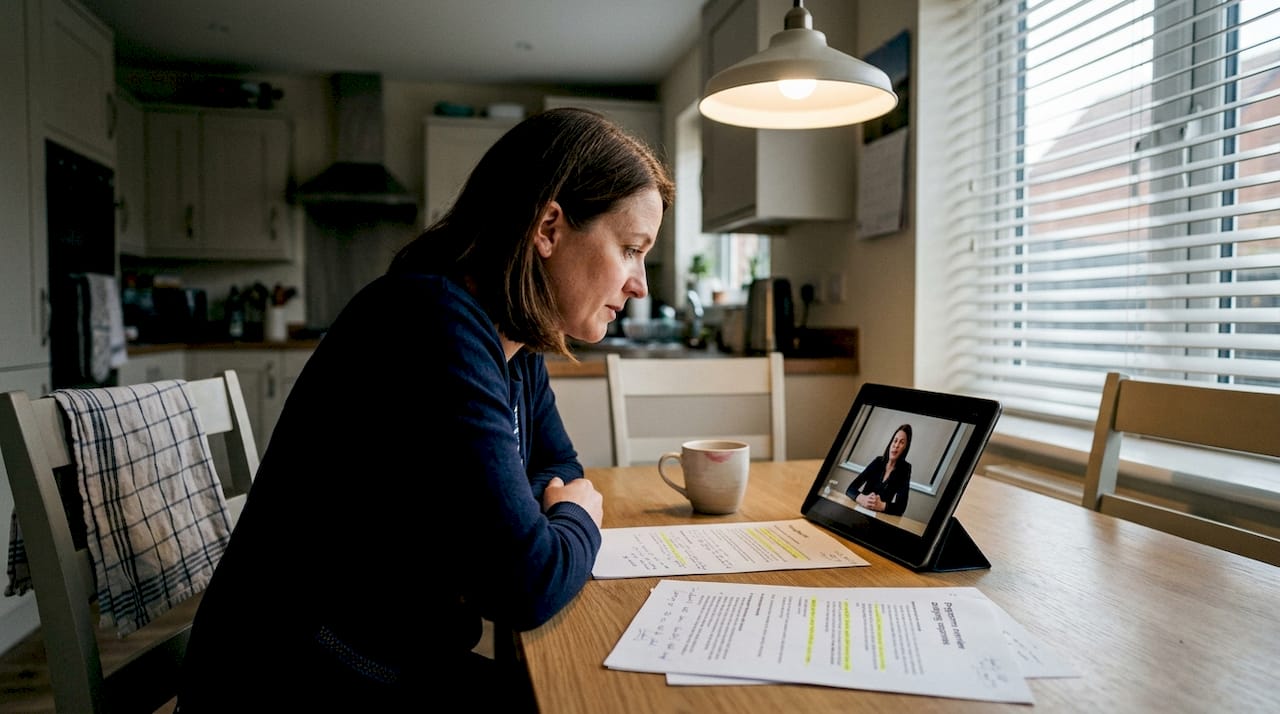 Woman reviewing interview video for preparation