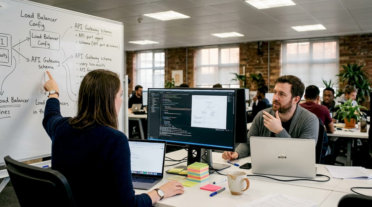 Colleagues discuss coding challenge at shared desk