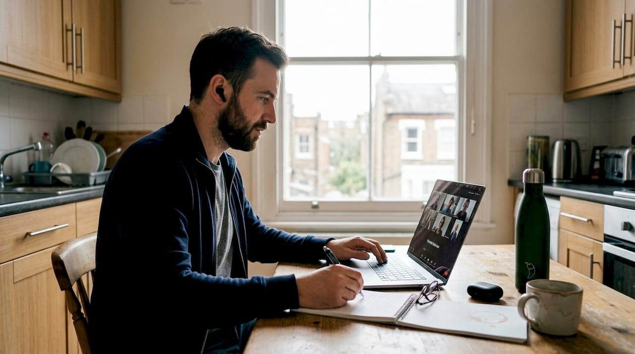 Man video interviewing at kitchen table workspace