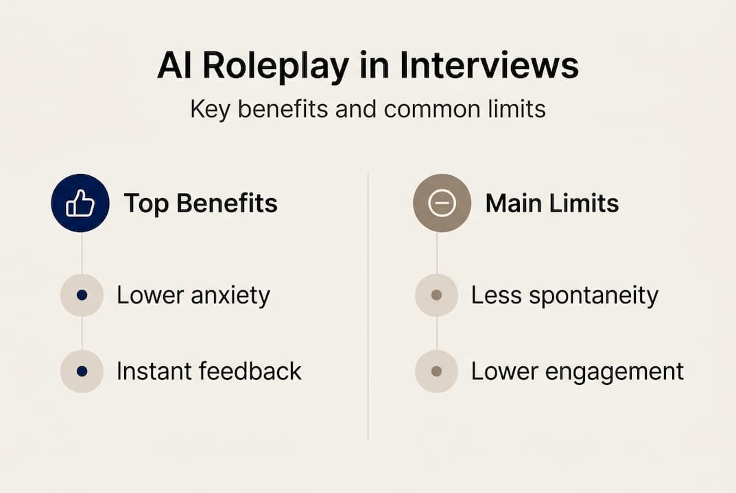Infographic showing AI interview roleplay key benefits and limits