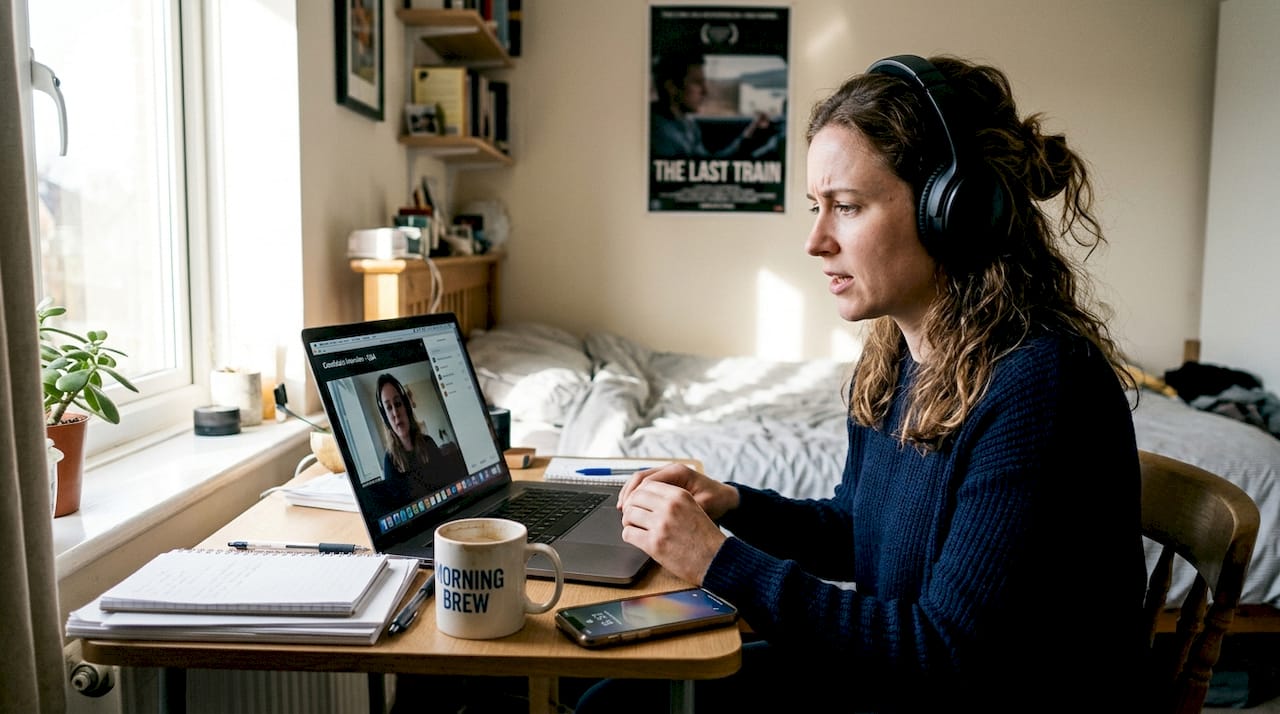 Professional practicing interview with AI bot at home