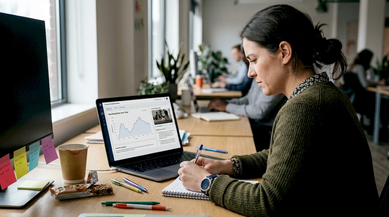 Professional reviewing AI feedback analytics