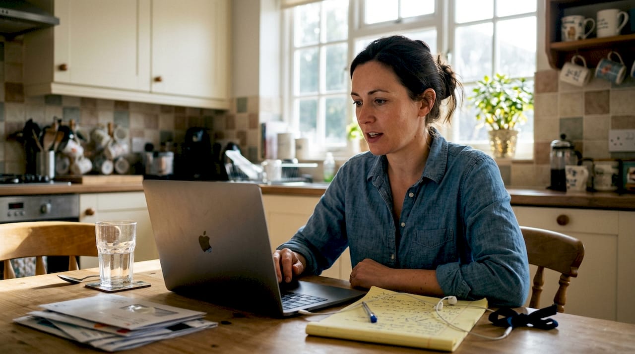 Professional woman practices interview on laptop at kitchen table