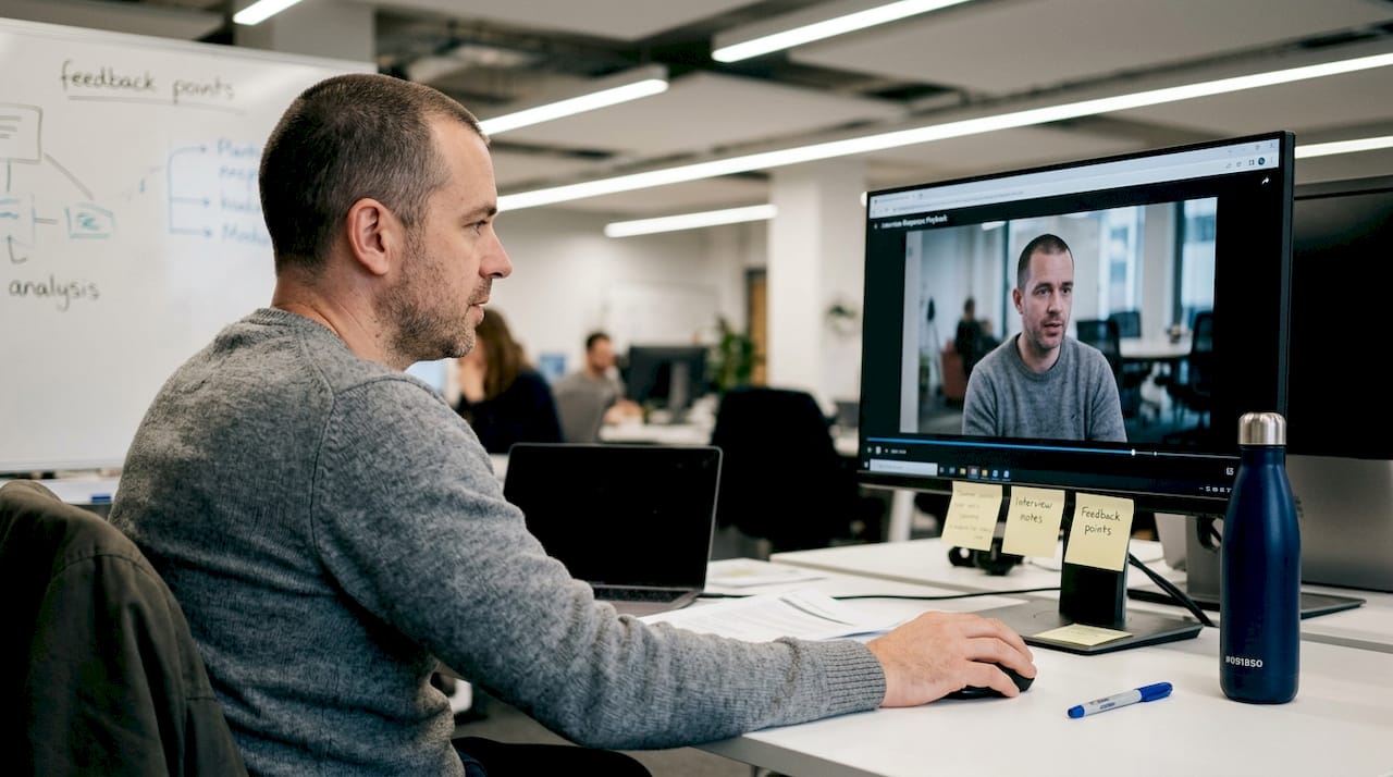 Man reviewing interview playback in open office