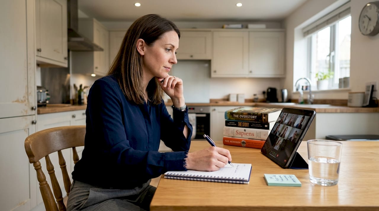 Candidate practicing interview on tablet at kitchen table