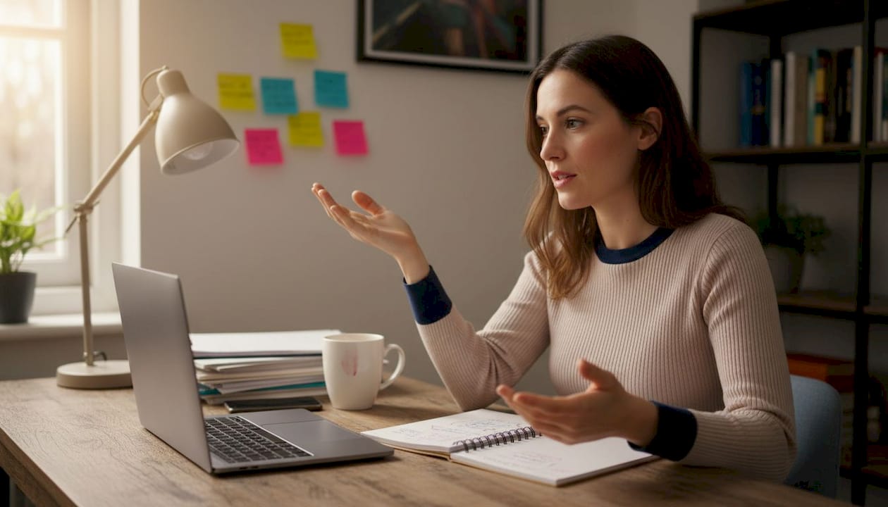 Woman practices interview with AI in home office