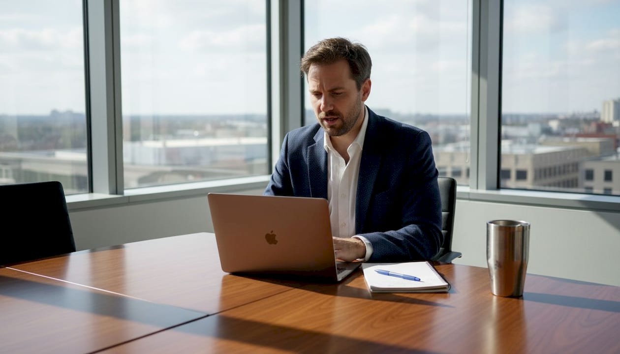 Job candidate practicing speaking at office table