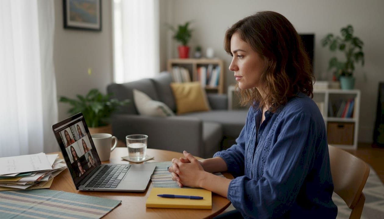 Woman demonstrating confident video interview body language