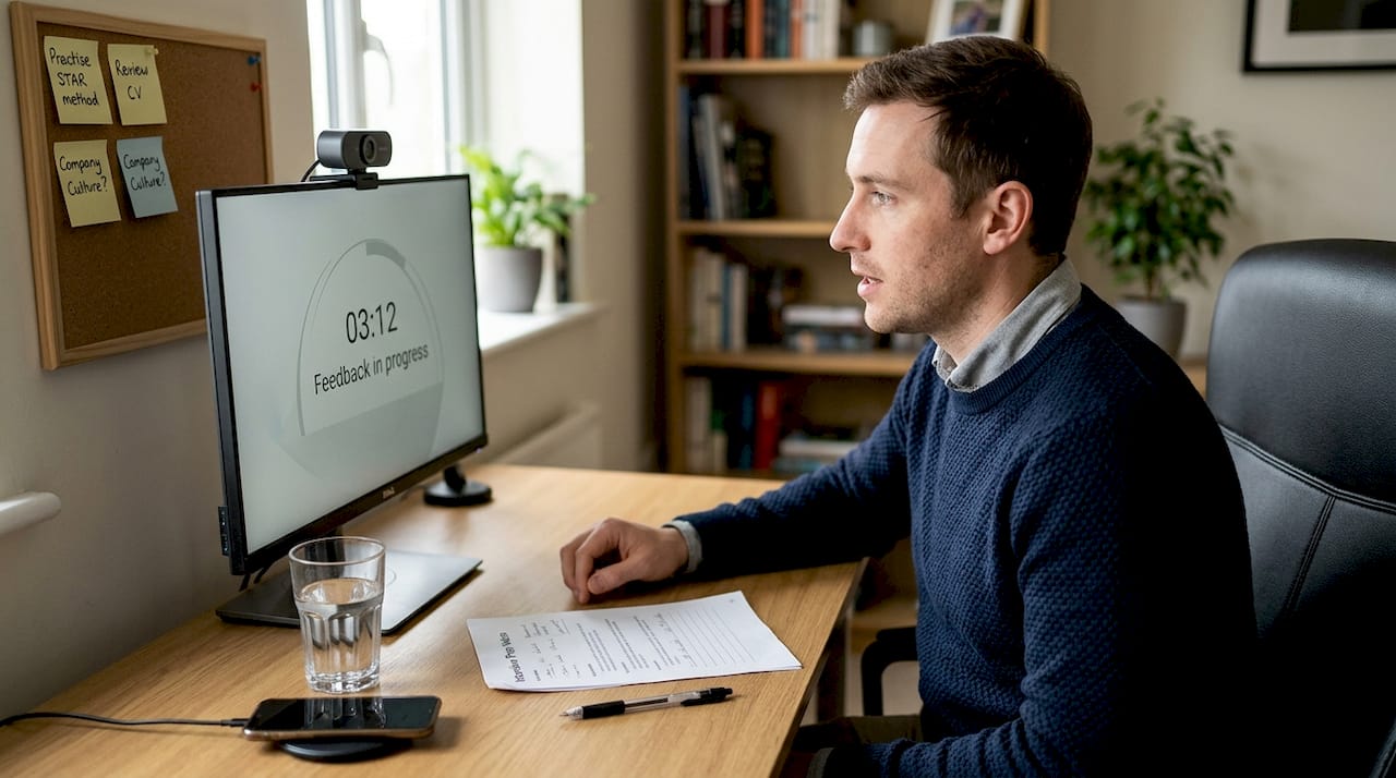 Man practicing job interview with AI feedback