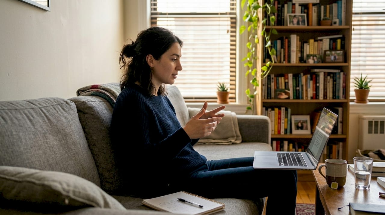 Woman in mock AI video interview at home