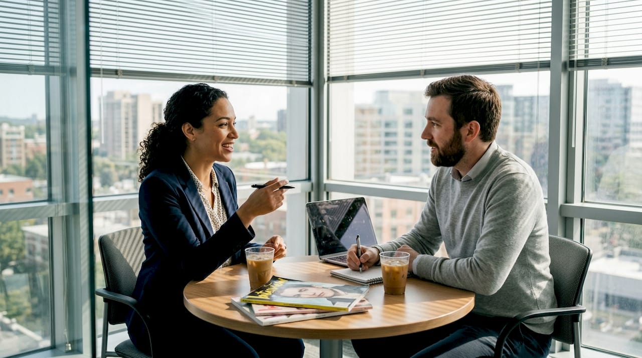 Candid peer interview in modern office corner