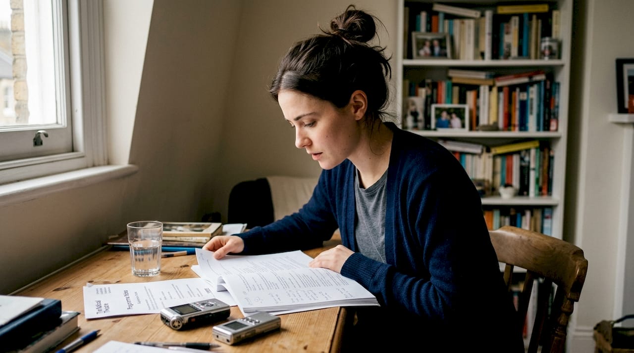 Actress practicing lines in home office