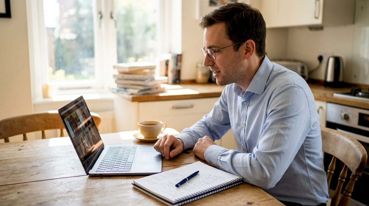 Man at kitchen table in video interview