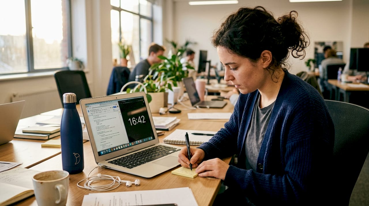 Woman practicing coding aloud in workspace