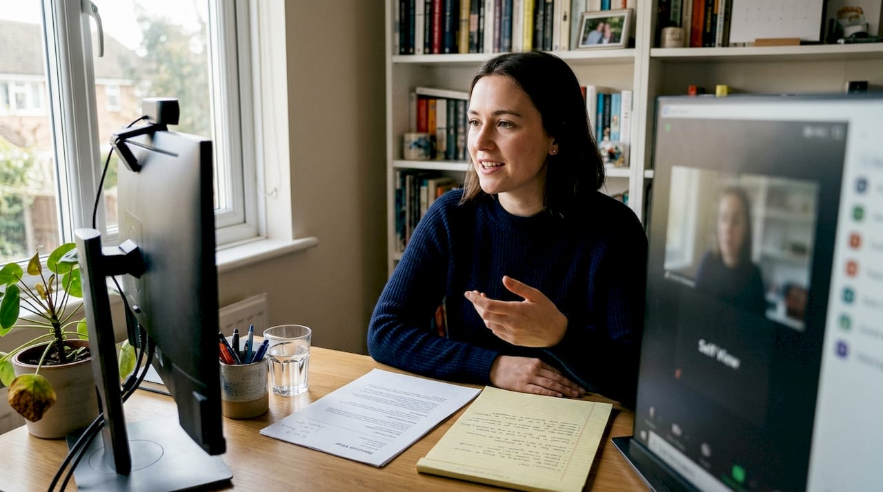 Woman rehearsing video interview answers at desk
