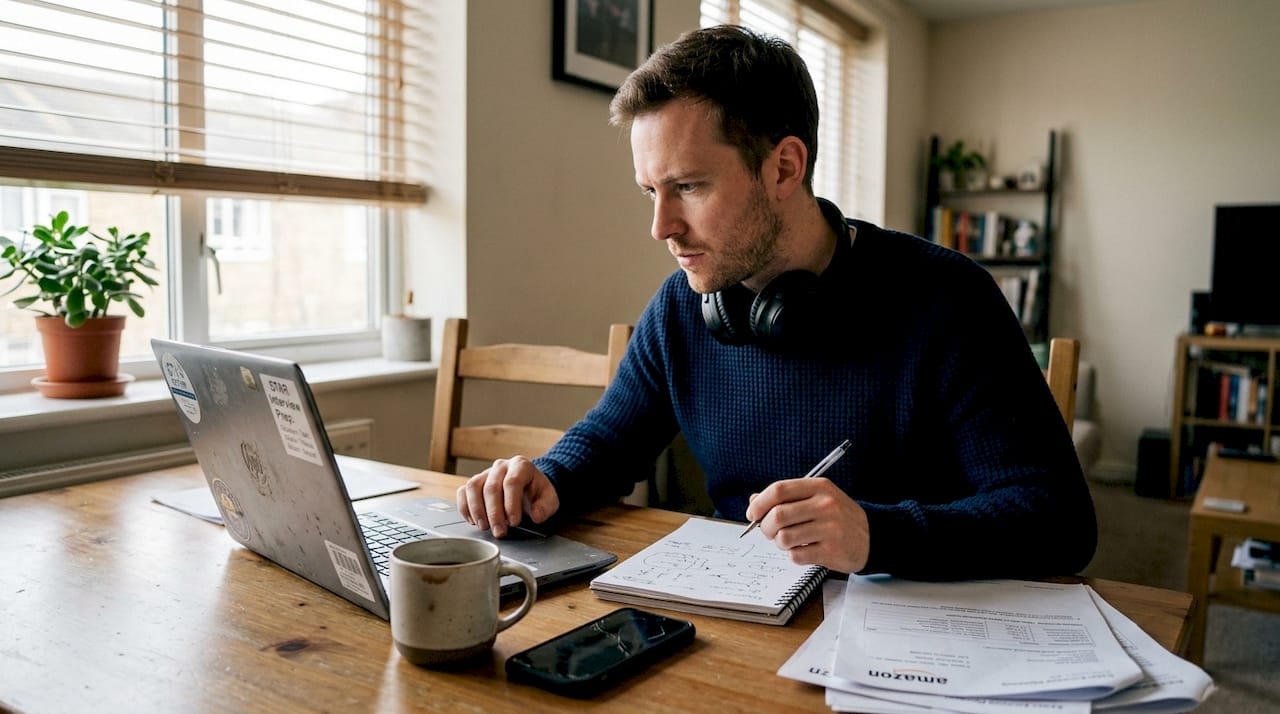 Person studying for Amazon interview at table