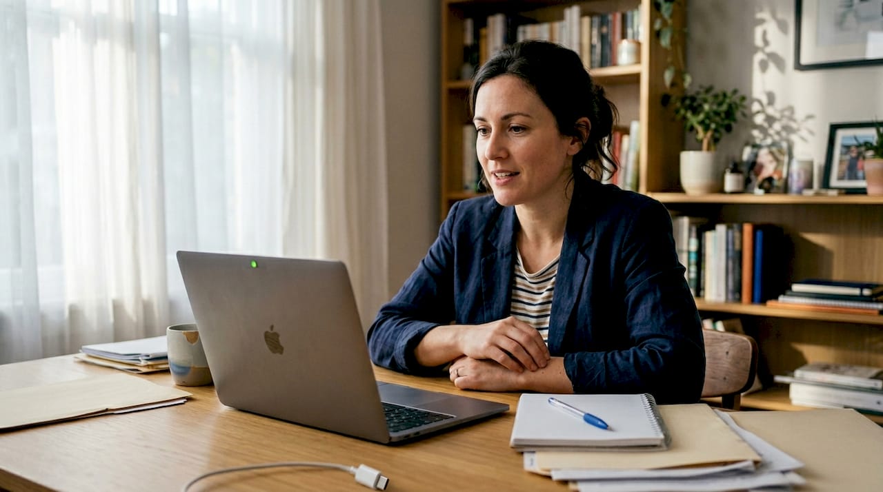 Professional delivering confident interview on webcam