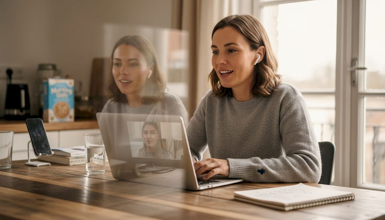 Woman practicing confident virtual interview delivery