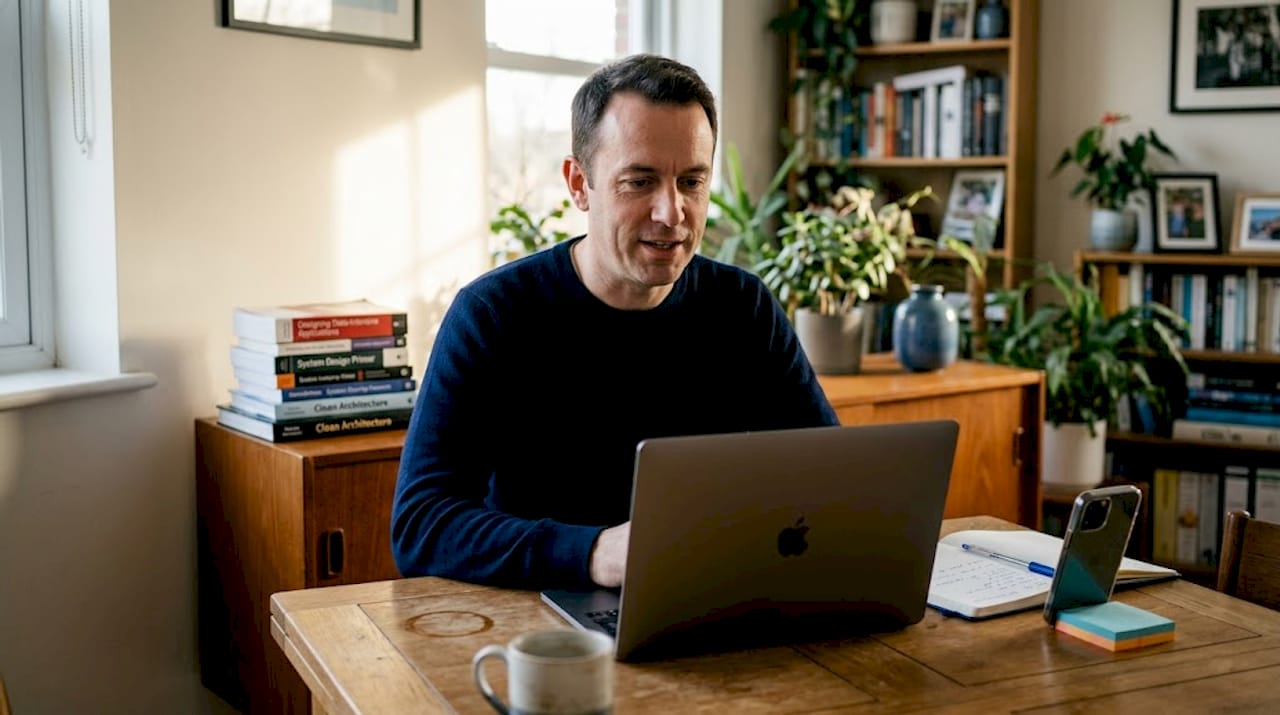 Senior engineer practicing video interview at home
