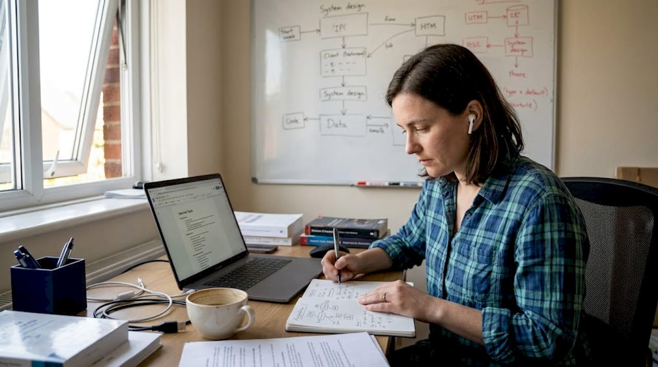Engineer reviewing interview notes at home desk