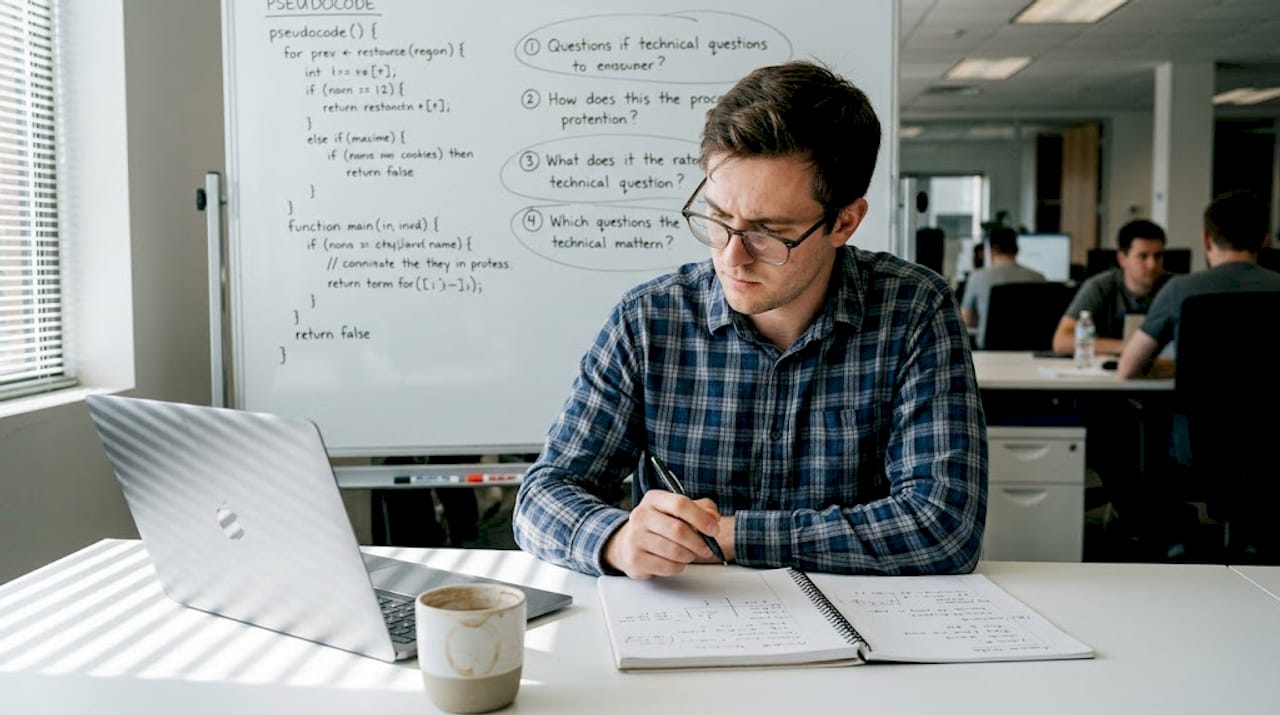 Candidate analyzing whiteboard before Apple interview