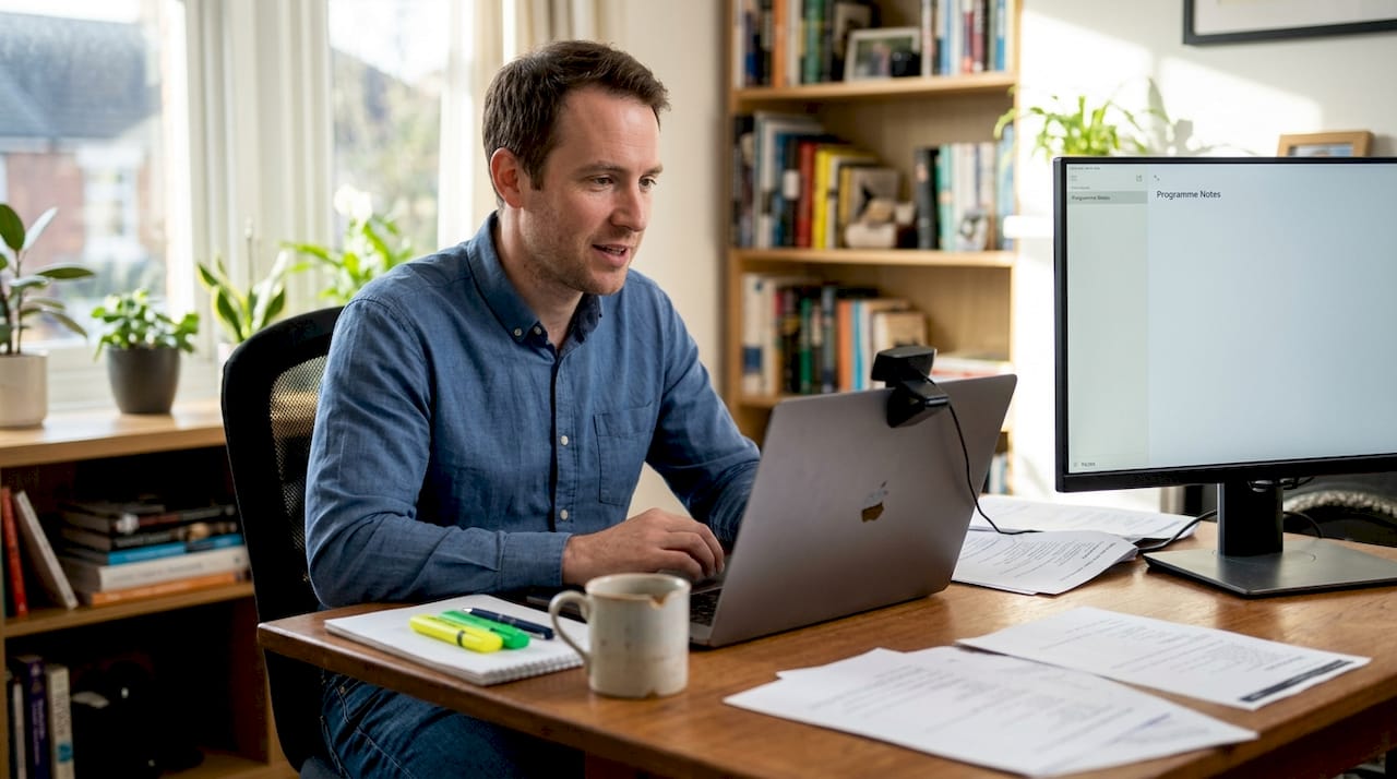 Mid-career professional in interview at home office