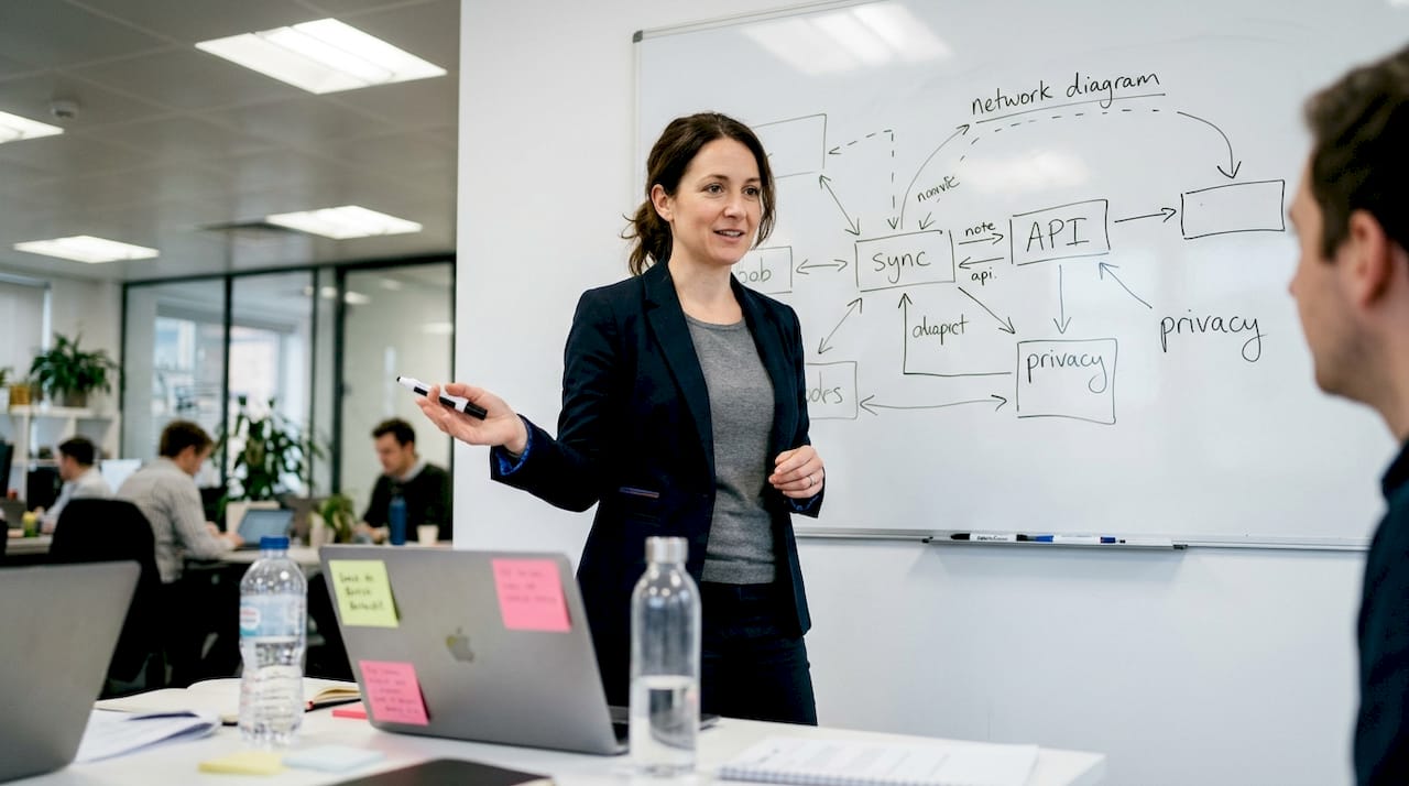 Professional explaining system design at whiteboard