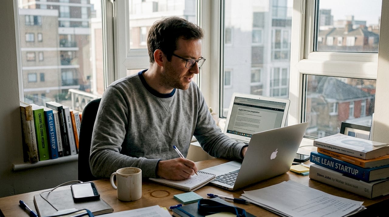 Man researching Apple interview workspace