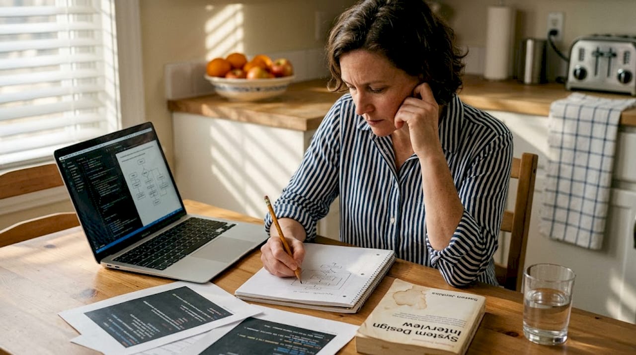 Woman practising coding interview at table