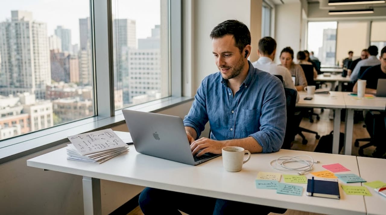 Engineer preparing for Apple interview at desk