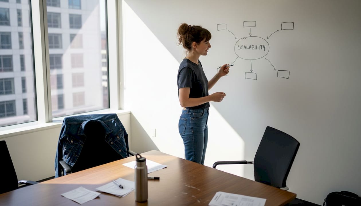 Candidate brainstorming technical solution on whiteboard