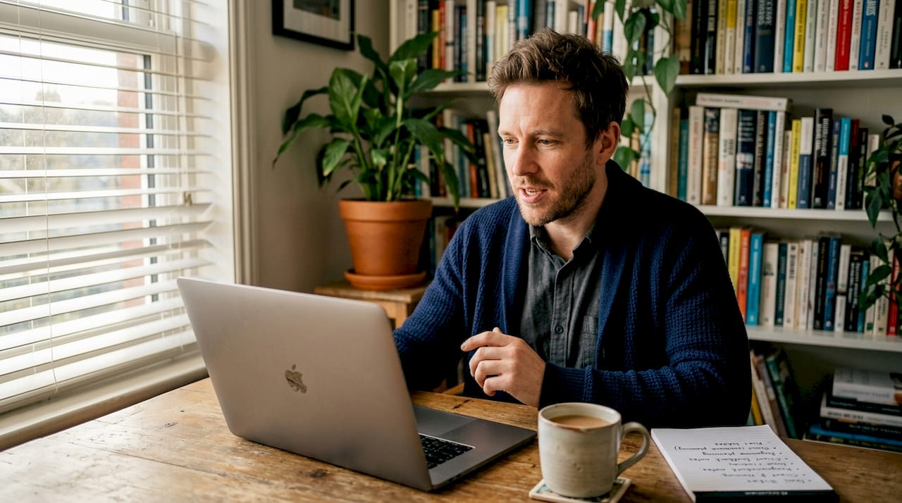 Man answers Amazon interview at home desk