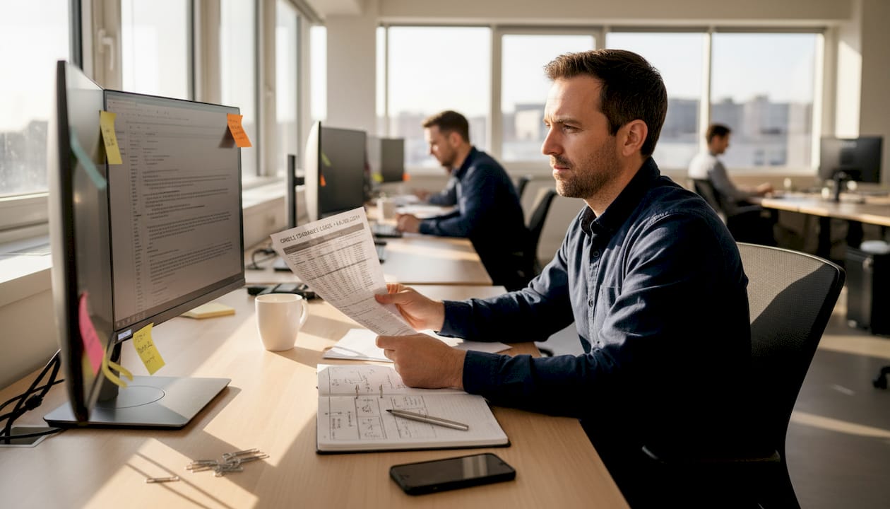 Professional reviewing Oracle interview notes in office