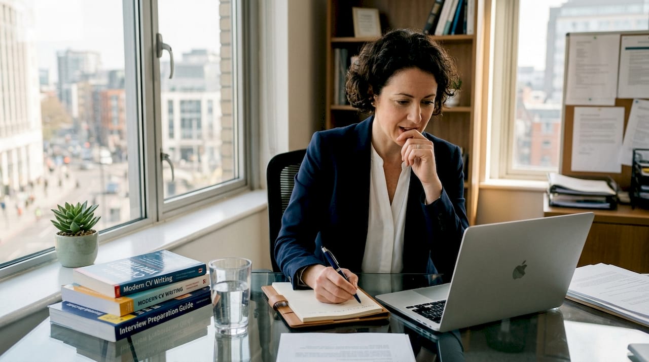 Professional reviews resume in corner office