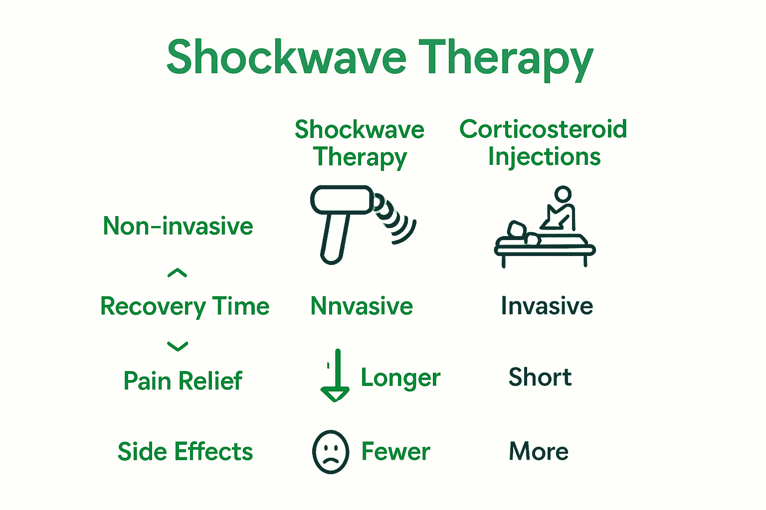 Infographic comparing shockwave therapy with corticosteroid injections and physical therapy.