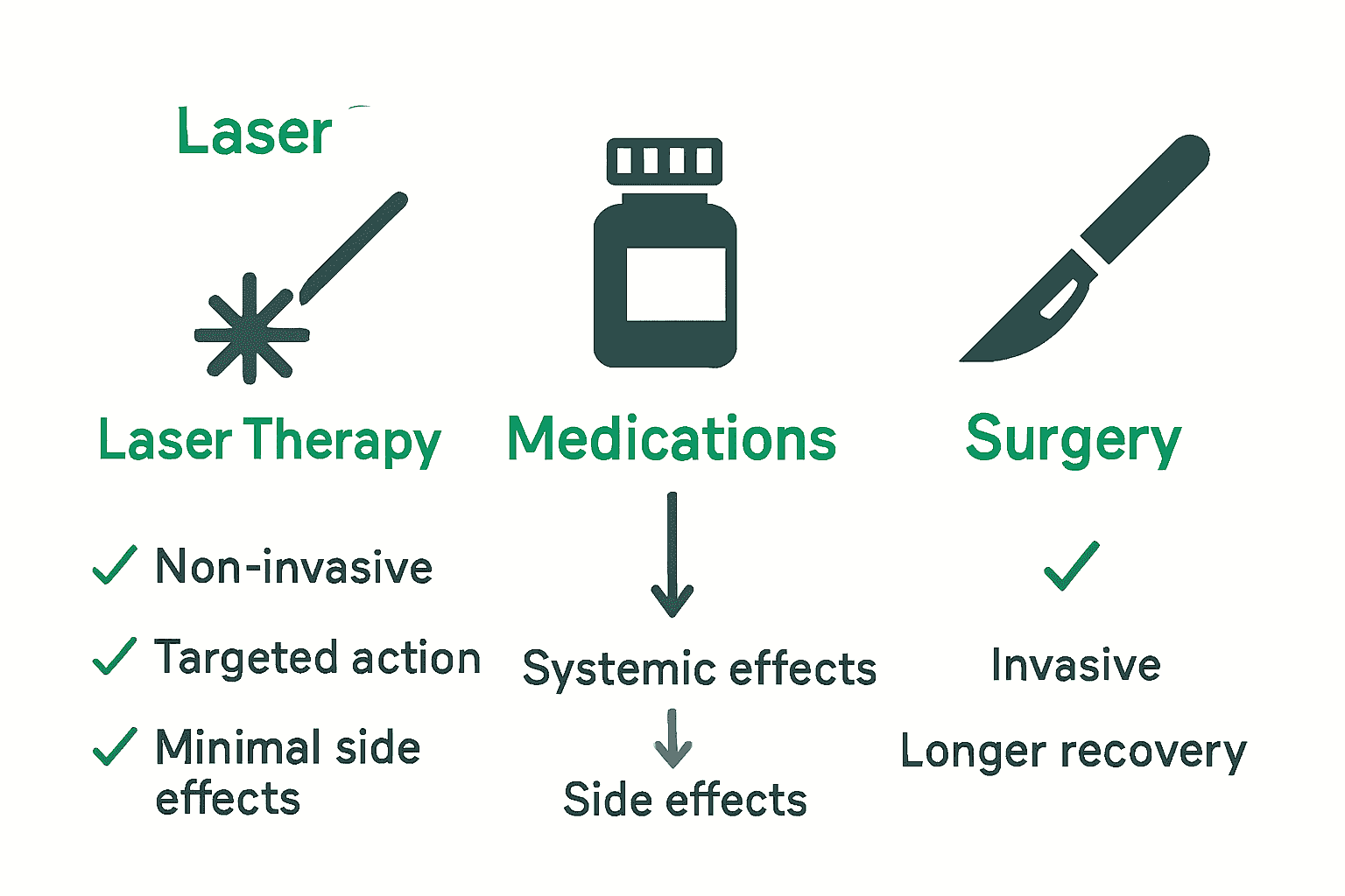 Infographic comparing laser therapy, medications, and surgery for nerve pain treatment.