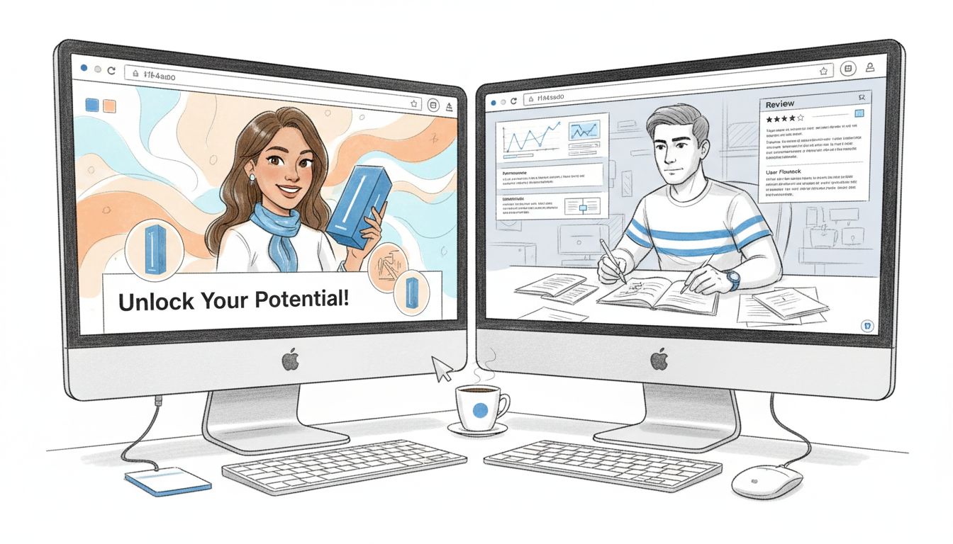 Split-screen comparison of presell and review pages