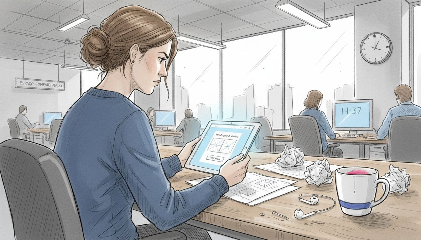 Designer avaliando a landing page do evento antes do lançamento