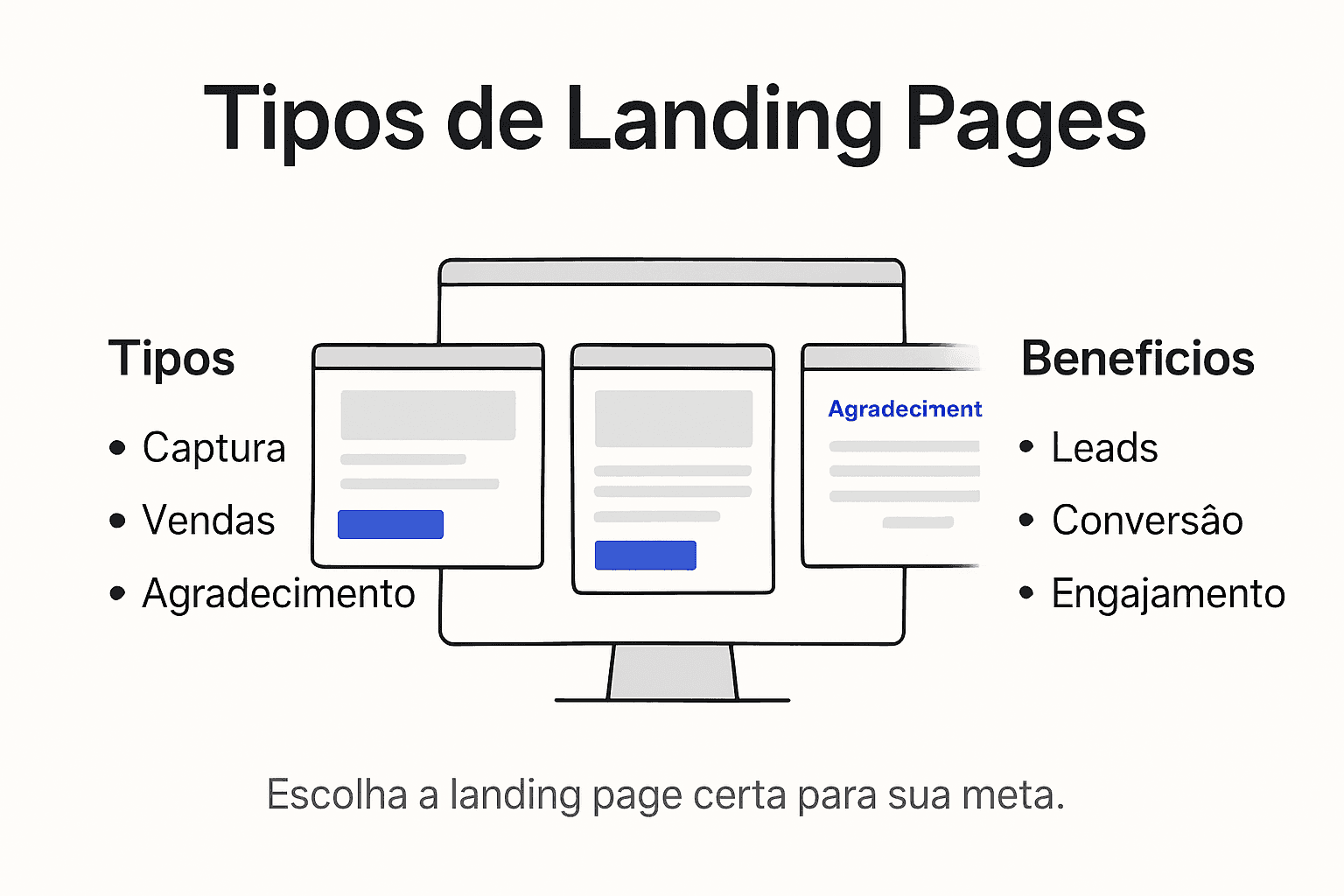 Infográfico com um panorama dos principais tipos de landing pages e seus benefícios