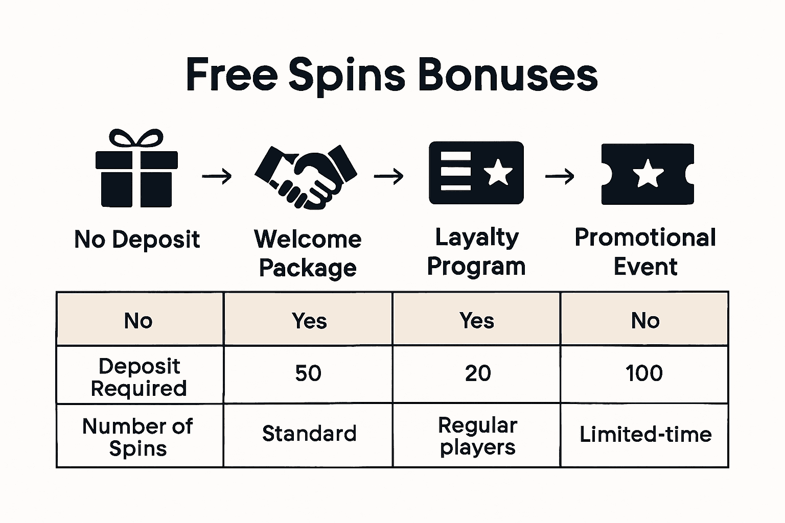 Infographic comparing four main types of UK free spins bonuses