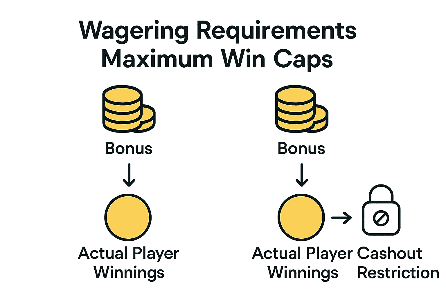Infographic comparing wagering requirements and win caps for no deposit bonuses