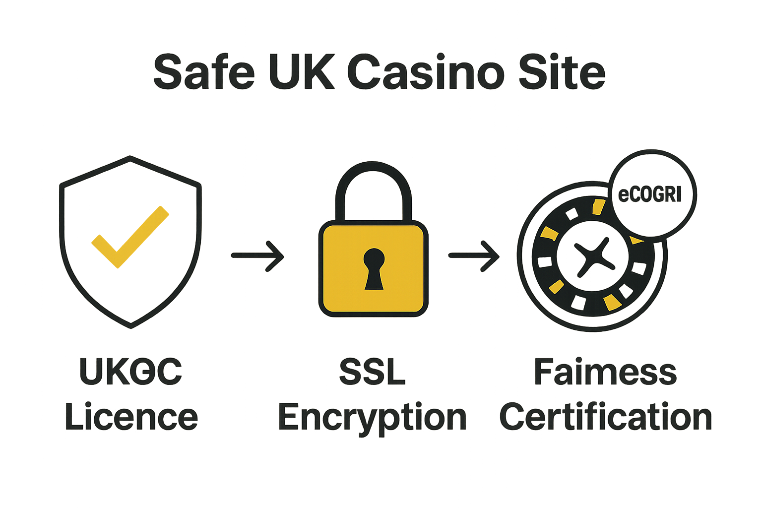 Infographic showing UKGC licence, padlock for encryption, and fairness certification for casino safety.